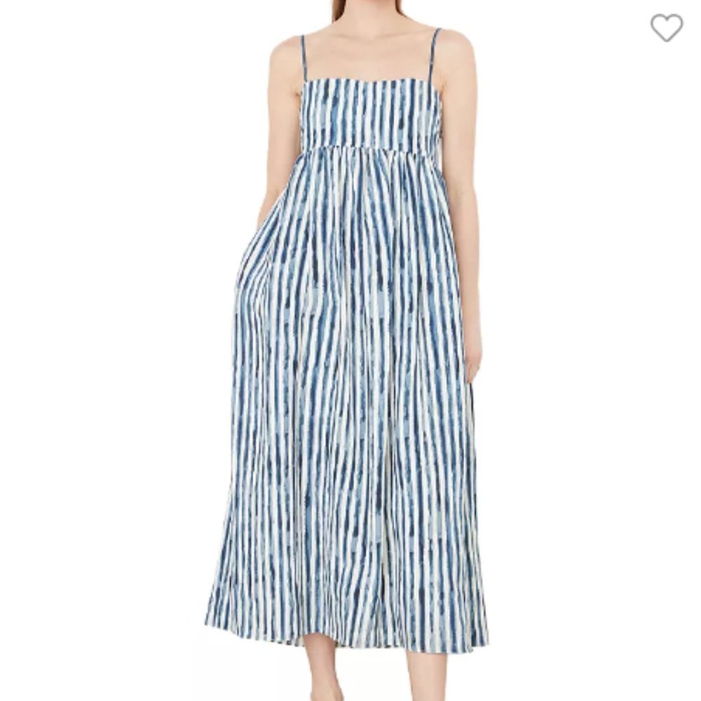 VINCE PAINTERLY STRIPE SLEEVELESS MIDI COASTAL BLUE DRESS sz 8